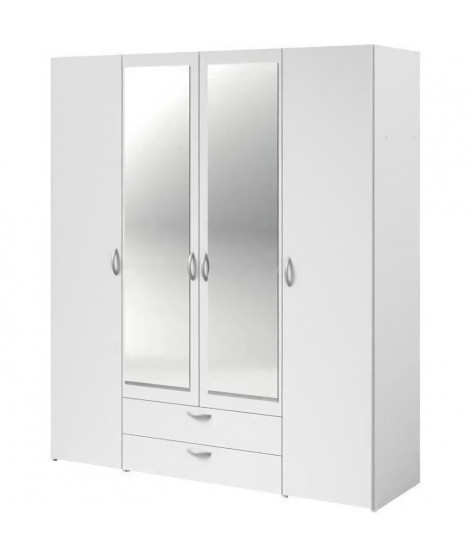 Armoire VARIA - Décor blanc - 4 portes battantes + 2 miroirs + 2 tiroirs - L 160 x H 185 x P 51 cm - PARISOT