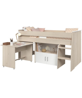 Lit combiné enfant Parisot ZOLA 90x200 cm - 2 portes - Avec bureau - Décor acacia clair et blanc