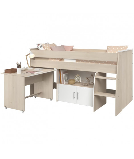 Lit combiné enfant Parisot ZOLA 90x200 cm - 2 portes - Avec bureau - Décor acacia clair et blanc