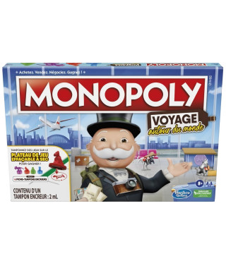 Monopoly Voyage autour du monde, jeu de societe, des 8 ans, avec pions-tampons encreurs et plateau effaçable a sec