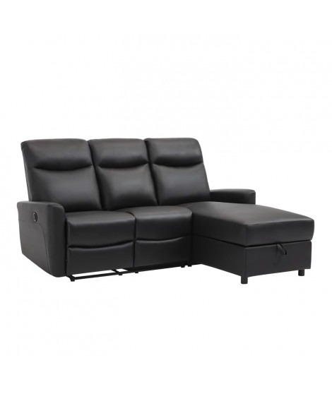Canapé angle droit - JESS - avec coffre et 1 place relax électrique - Cuir et simili noir - 235x97x98cm