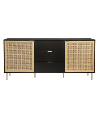 Buffet  2 portes et 3 tiroirs - MDF laqué noir et cannage en rotin naturel - L 180 x P 40 x H 80 cm - HARROD