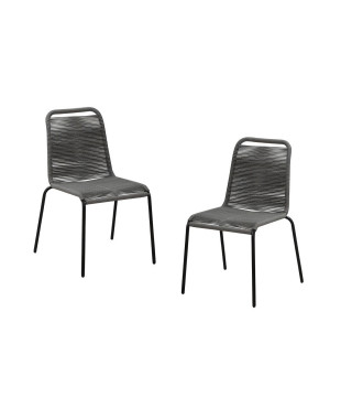Lot de 2 chaises de jardin - Métal avec tissage simple en corde, empilable -Couleur : Epoxy noir - cordes grises