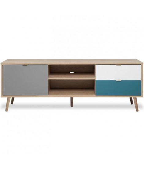 Meuble TV scandinave CUBA - Décor chene, gris, blanc et bleu pétrole - 1 Porte - L 150 x P 40 x H 51 cm