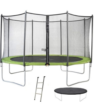 KANGUI Trampoline TWIN Ø 430cm - Vert - avec filet, échelle, couverture de protection