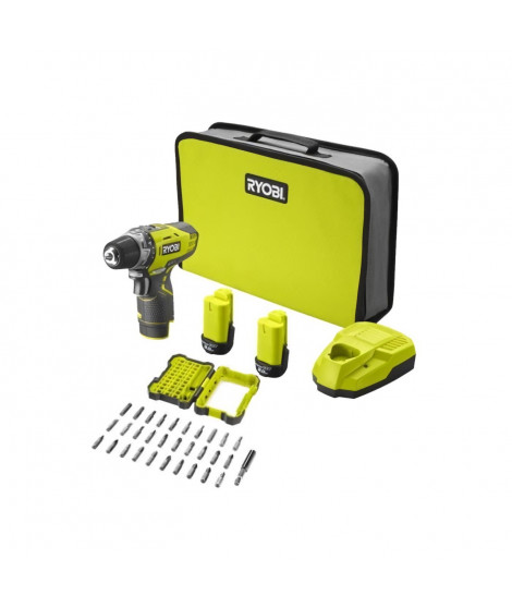 Perceuse Visseuse sans fil 12V RYOBI R12DD-220SA31 - 2 batteries de 2 Ah - 1 coffret 31 accessoires de vissage offert - 1 sac