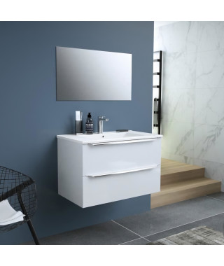 ZOOM meuble de salle de bain simple vasque avec miroir L 80cm - 2 tiroirs a fermeture ralenties - Blanc laqué brillant