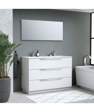 Ensemble Meuble salle de bain L 120 - Vasque + 3 tiroirs + miroir - Blanc - ZOOM