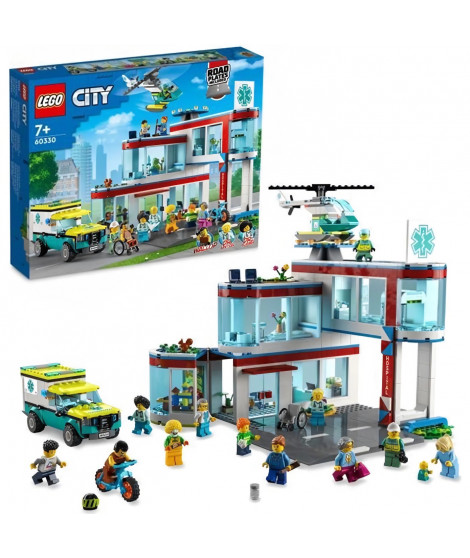 LEGO 60330 City L'Hôpital, Jouet Camion d'Ambulance et Hélicoptere avec 12 Minifigurines, Plaques de Route, Enfants Des 7 Ans