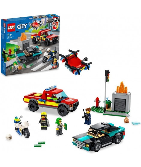 LEGO 60319 City Fire Le Sauvetage Des Pompiers et La Course-Poursuite de La Police, Voiture Jouet, Camion de Pompiers et Moto