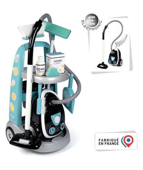 SMOBY - Chariot de ménage + aspirateur électronique avec bruit d'aspiration - 9 Accessoires - Piles Incluses - des 3 ans