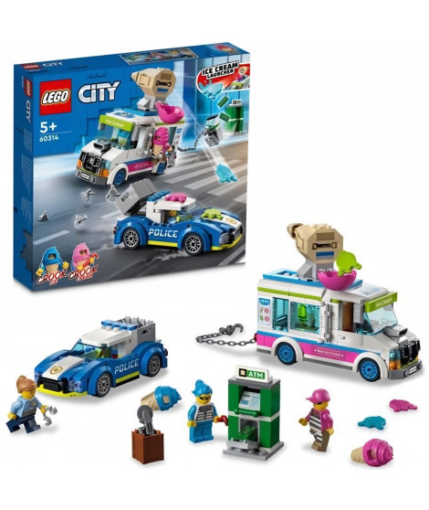 LEGO 60314 City La Course-Poursuite du Camion de Glaces, Jouet de Voiture de Police, avec 2 Bandits, Cadeau Enfants Des 5 Ans