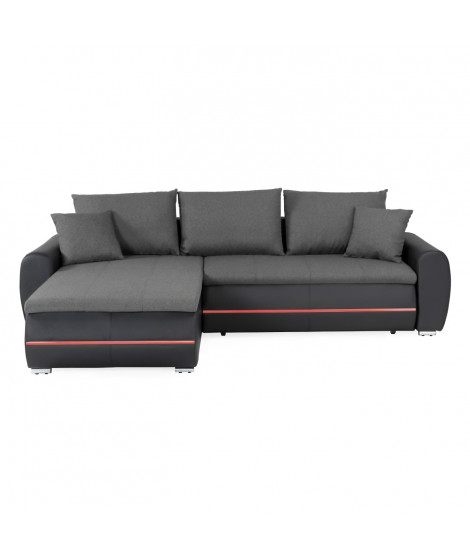Canapé d'angle gauche convertible - 4 places - Simili noir et tissu gris - L 271 x P 179 x H 87 cm - MARIO - Avec éclairage LED
