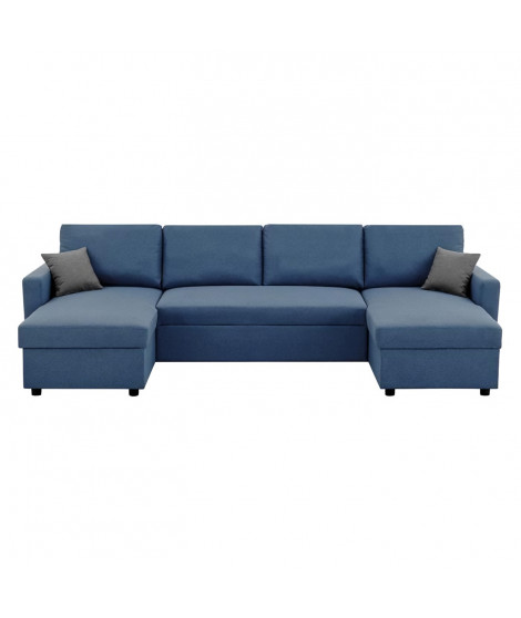 Canapé d'angle convertible panoramique + 2 coffres de rangement + 2 coussins - Tissu Bleu - L 300 x P 148 x H 83 cm - OWENS