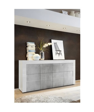 Buffet - Blanc laqué brillant et effet Béton mat - Style contemporain - 4 portes - GENOVA - L 180 x P 41 x H 83 cm