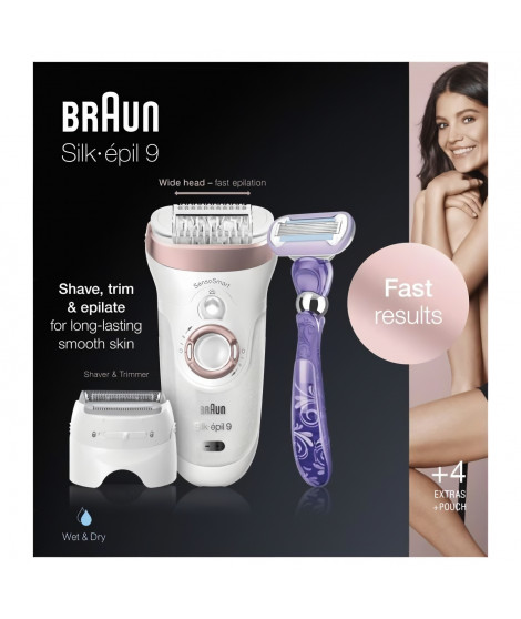 Epilateur électrique BRAUN Silk-épil 9 9/870 SensoSmart - 7 accessoires - Wet & Dry - Or et rose