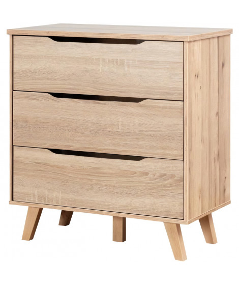 Commode 3 tiroirs scandinave - Décor chene sonoma - Pieds en massif - L 80 cm - VANKKA