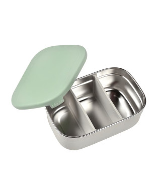 BEABA, Boîte repas enfant en inox, couvercle en silicone et housse de protection, Gris velours et vert sauge