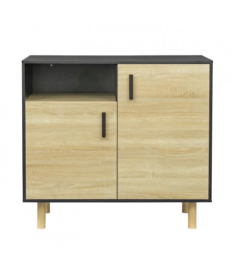 Petit buffet avec 2 portes et 1 niche - MDF et mélamine -  Décor noir et chene - L 100 x P 48 x H 90 cm - LILA