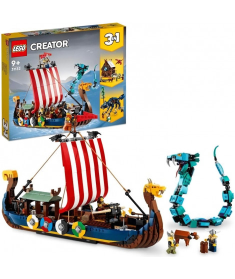 LEGO 31132 Creator 3-en-1 Le Bateau Viking et le Serpent de Midgard, Jouet Transformable en Maison avec un Dragon ou un Loup