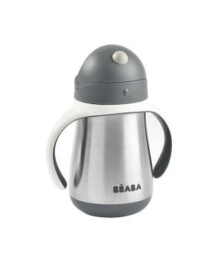 BEABA, Biberon/Tasse d'apprentissage/Gourde Bébé 2 en 1, Tasse Paille Enfant, Inox 100% étanche, Anti-fuite, 250ml, Gris minéral