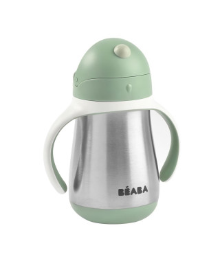 BEABA, Biberon/Tasse d'apprentissage/Gourde Bébé 2 en 1, Tasse Paille Enfant, Inox 100% étanche, Anti-fuite, 250ml, Vert sauge