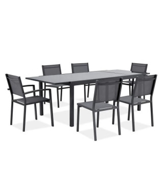 Ensemble repas en aluminium 4 a 6 personnes - Table extensible 180/240 cm + 4 chaises et 2 fauteuils textilene - Gris