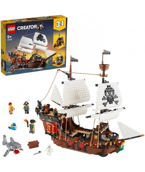 LEGO Creator 3-en-1 31109 Le Bateau Pirate, Jouet, Figurine Animaux Marins, Jouet Requin, Figurine Squelette, Enfants 9 Ans