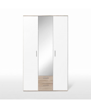 Armoire battante - Panneaux de particules - Blanc et chene - 3 portes et 2 tiroirs + miroir - L 121 x P 54 x H 200,1 cm - SELKEA