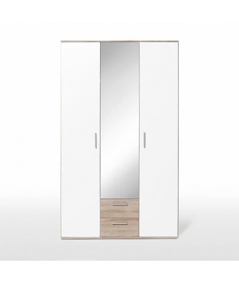 Armoire battante - Panneaux de particules - Blanc et chene - 3 portes et 2 tiroirs + miroir - L 121 x P 54 x H 200,1 cm - SELKEA