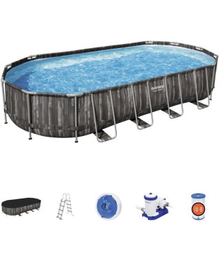 Kit Piscine hors sol tubulaire BESTWAY - Power Steel - 732 x 366 x 122 cm - Ovale (Pompe de filtration, échelle, bâche)