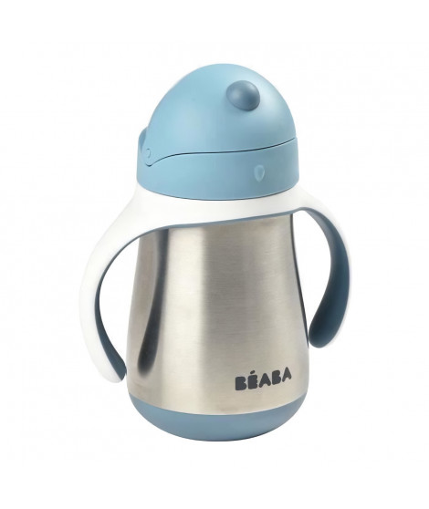 BEABA, Biberon/Tasse d'apprentissage /Gourde Bébé 2 en 1 Inox, Tasse Paille Enfant, 100% étanche, Anti-fuite, 250ml, Bleu