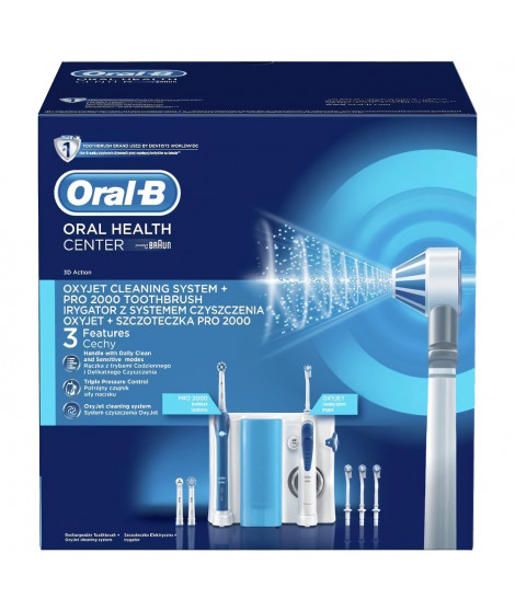 Oral-B Pro 2000+ Oxyjet Kit Brosse a Dent Electrique Rechargeable, 1 hydropulseur Oxyjet, 1 BAD, 4 canules Oxyjet, 3 brossettes
