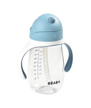 BEABA, Biberon/Tasse d'apprentissage 2 en 1, Tasse Paille Enfant, 100% étanche, Anti-fuite, 300 ml - windy blue