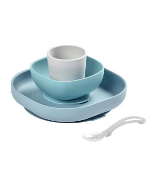 BEABA, Coffret repas Silicone Bébé, Avec Ventouse, Anti-dérapant, 4 Pieces, Assiette + Bol+ Verre + Cuillere, Jungle