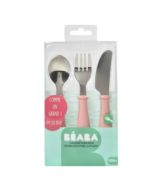 BEABA, Set de 3 couverts inox old pink