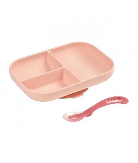 BEABA, Set Repas Bébé, Avec Ventouse, Anti dérapant, Assiette Silicone Compartimentée + Cuillere, Sain et Durable, Rose