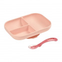 BEABA, Set Repas Bébé, Avec Ventouse, Anti dérapant, Assiette Silicone Compartimentée + Cuillere, Sain et Durable, Rose