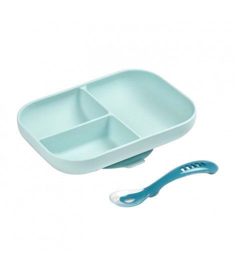 BEABA, Set Repas Bébé, Avec Ventouse, Anti dérapant, Assiette Silicone Compartimentée + Cuillere, Sain et Durable,Bleu