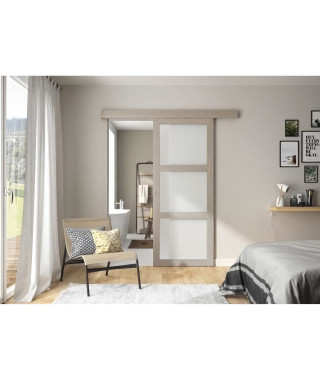 OPTIMUM - Kit porte coulissante 3 carreaux + rail + bandeau Vérone - H.204 x L.83 x P.4 cm - Chene taupe