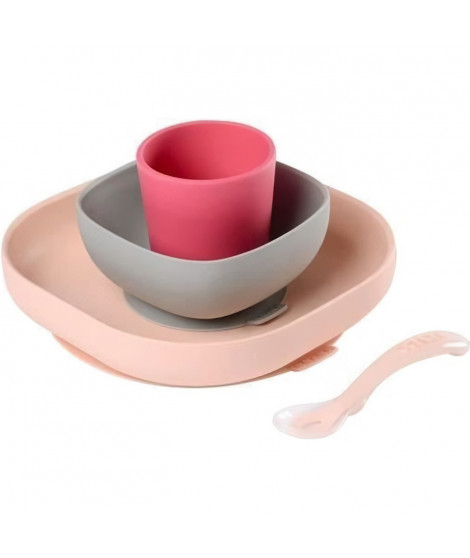 BEABA, Coffret repas Silicone Bébé, Avec Ventouse, Anti-dérapant, 4 Pieces, Assiette + Bol+ Verre + Cuillere, Rose