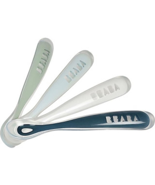 BEABA Lot de 4 cuilleres en silicone bébé / enfant 1er âge, des 4 mois, souple, bout arrondi, manche long et ergonomique, Storm