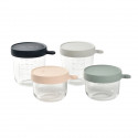 BÉABA Coffret 4 portions verre, pots de conservation (150ml pink / 150ml eucalyptus green / 250ml light mist / 250ml dark blue)