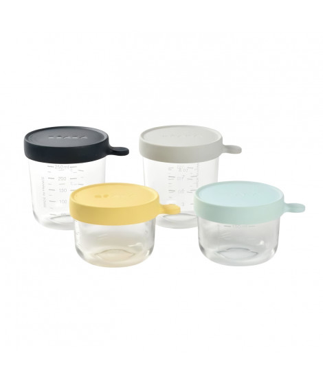 BÉABA Coffret 4 portions verre, pots de conversation (150ml yellow / 150ml light blue / 250ml dark blue / 250ml light mist)