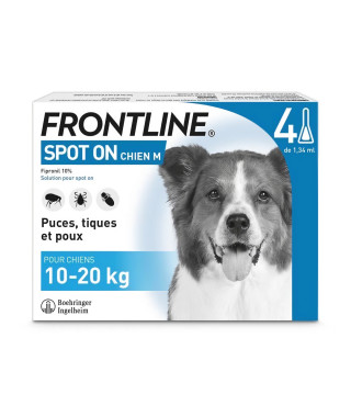 FRONTLINE Spot On Chien M - 10 a 20 kg - 4 pipettes- Puces tiques et poux