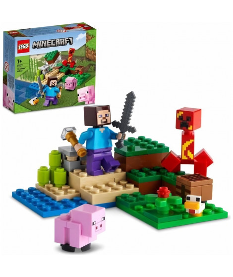 LEGO 21177 Minecraft L'embuscade du Creeper, Set avec Minifigures Steve, Bébé Cochon et Poulet, Jouets pour Enfants +7 ans