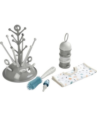 BEABA, Coffret naissance, Egoutte biberon arbre grey + Boite doseuses light/dark mist + Goupillon silicone + Bavoir coton tro…