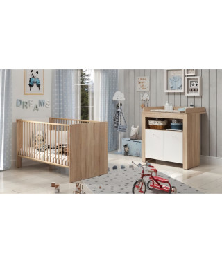 Chambre bébé duo PIA - Lit 70x140 cm + Commode a langer 2 portes - Décor chene sonoma et blanc mat - TRENDTEAM