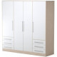 Armoire 4 portes battantes + 6 tiroirs- Bois aggloméré - Chene et blanc - L 206 x P 60 x H 200 cm - JUPITER
