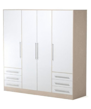 Armoire 4 portes battantes + 6 tiroirs- Bois aggloméré - Chene et blanc - L 206 x P 60 x H 200 cm - JUPITER